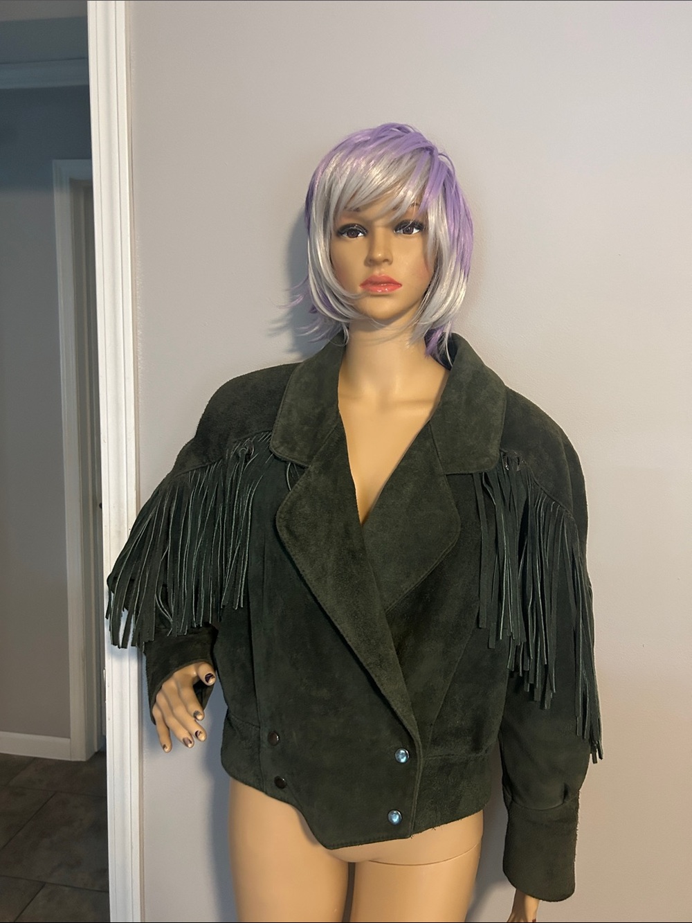 Dark Green Vintage Suede Fringe Women's Jacket